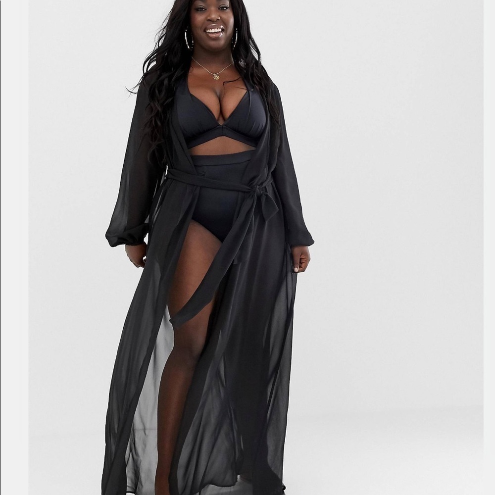 Asos Design curve long sleeve wrap tie chiffon maxi beach kimono black